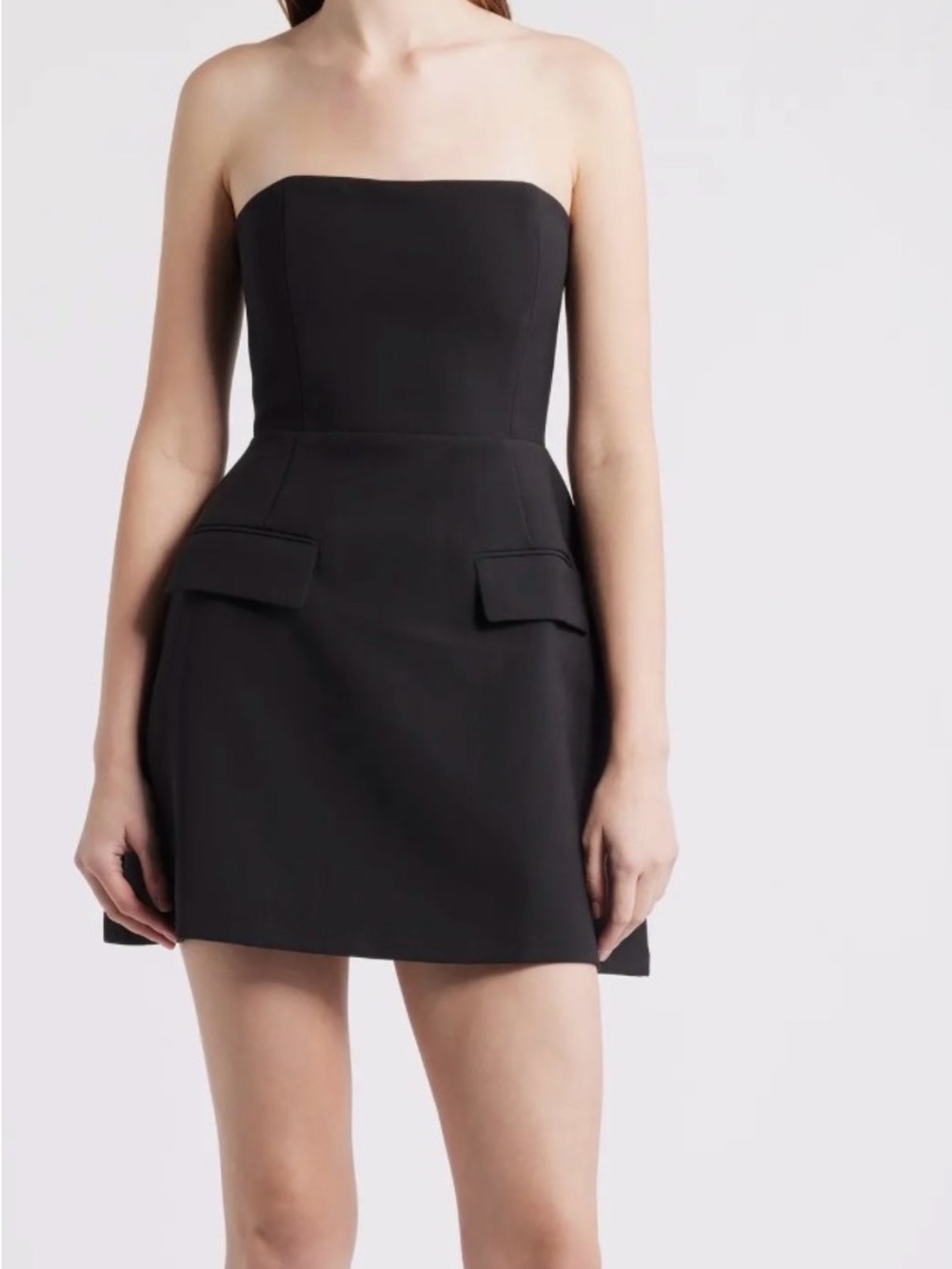 Classic Strapless Black Mini Dress with Flap Pocket Detail